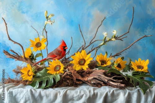 A vibrant still life featuring a cardinal amidst sunflowers and driftwood.