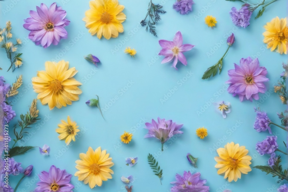 Bright and cheerful flat lay of colorful flowers in circular pattern on light blue background, including yellow, pink, purple, white. Bright and cheerful flat lay of colorful flowers in circular pattern on light blue background, including yellow, pink, purple, white.