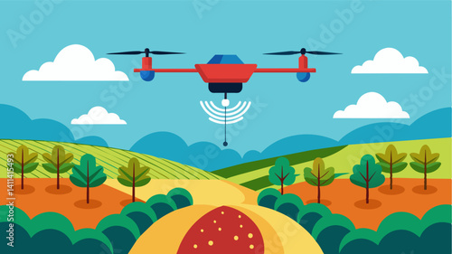 Infrared drones fly over the vineyard collecting data on soil moisture levels and plant health allowing for targeted irrigation and fertilization.. Vector illustration