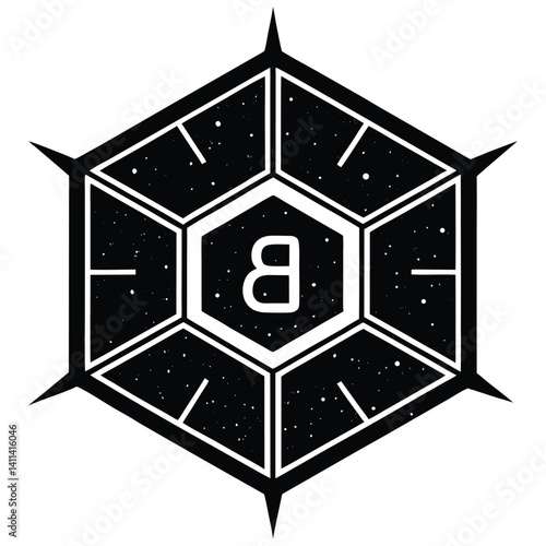 Black and White Geometric Logo with Space Theme and Letter B in Hexagon Design