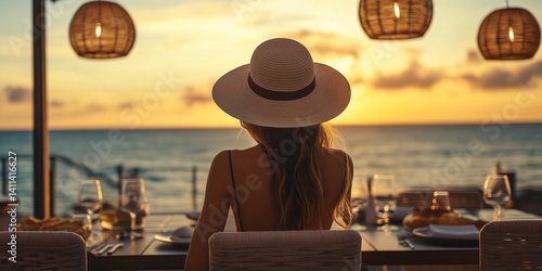 Woman in a summer dress and hat dining at a luxurious seaside restaurant at sunset, with warm lighting, elegant table setting, and ocean view in the background.