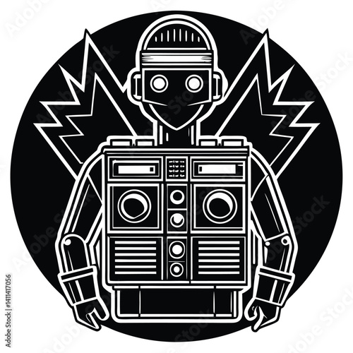 Retro Robot with Boombox Chest in Black and White Vector Illustration