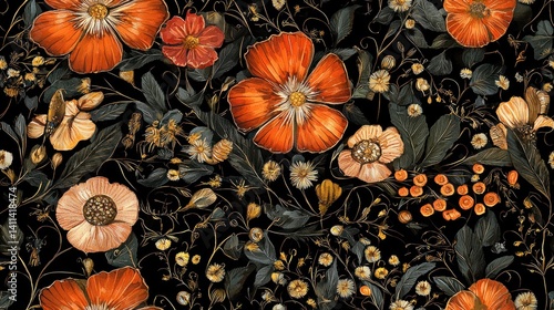 Gilded Embroidery Floral Pattern with Realistic Detail on a Dark Background for High-Quality Photography