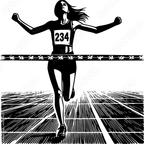 Woman runner crossing the finish line.  Silhouette of athletic looking female runner running. EPS 10 version.