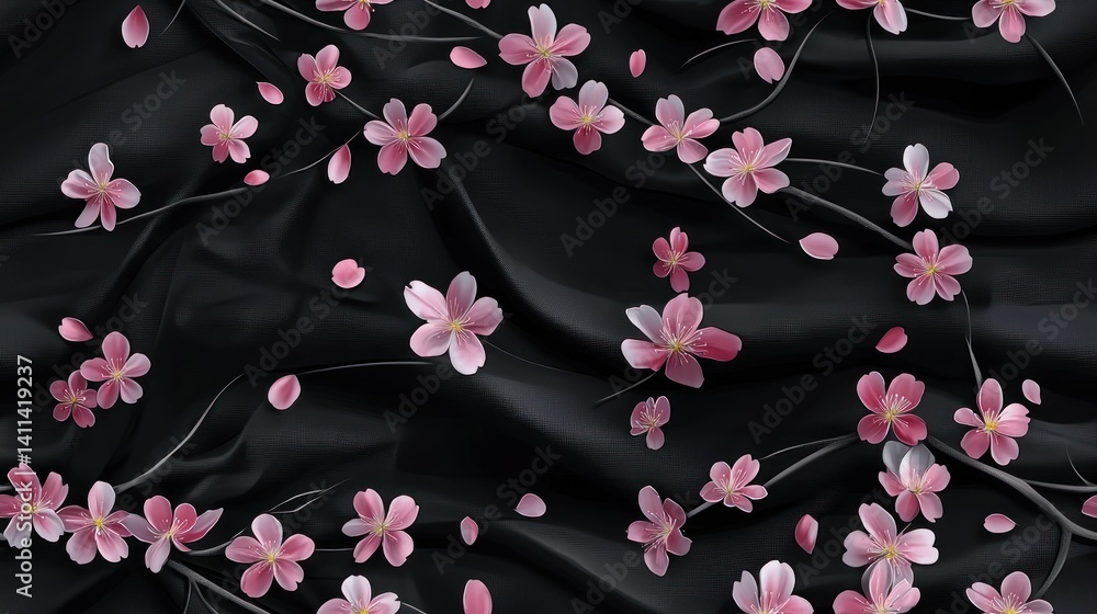 Elegant Pink Cherry Blossom Pattern on Dark Fabric Background for Stunning Visual Aesthetics and Design Elegant Pink Cherry Blossom Pattern on Dark Fabric Background for Stunning Visual Aesthetics and Design