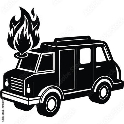 Black and White Burning Car Illustration, Fire Truck Graphic, Vehicle on Fire, Vector Art