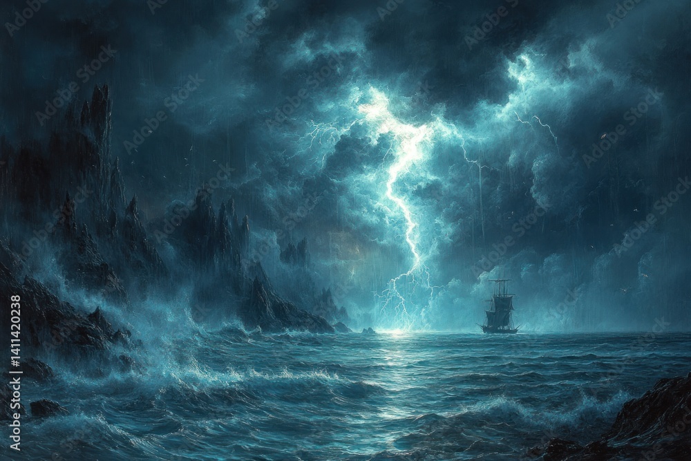 Naklejka premium Stormy Sea and Ship