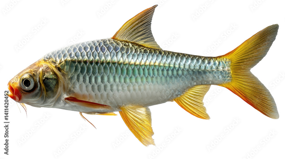Golden Barb Portrait: A captivating view of a Golden Barb, showcasing its exquisite blend of silver scales, vibrant yellow fins, and intriguing barbels. The fish glistens in a studio shot. Golden Barb Portrait: A captivating view of a Golden Barb, showcasing its exquisite blend of silver scales, vibrant yellow fins, and intriguing barbels. The fish glistens in a studio shot.