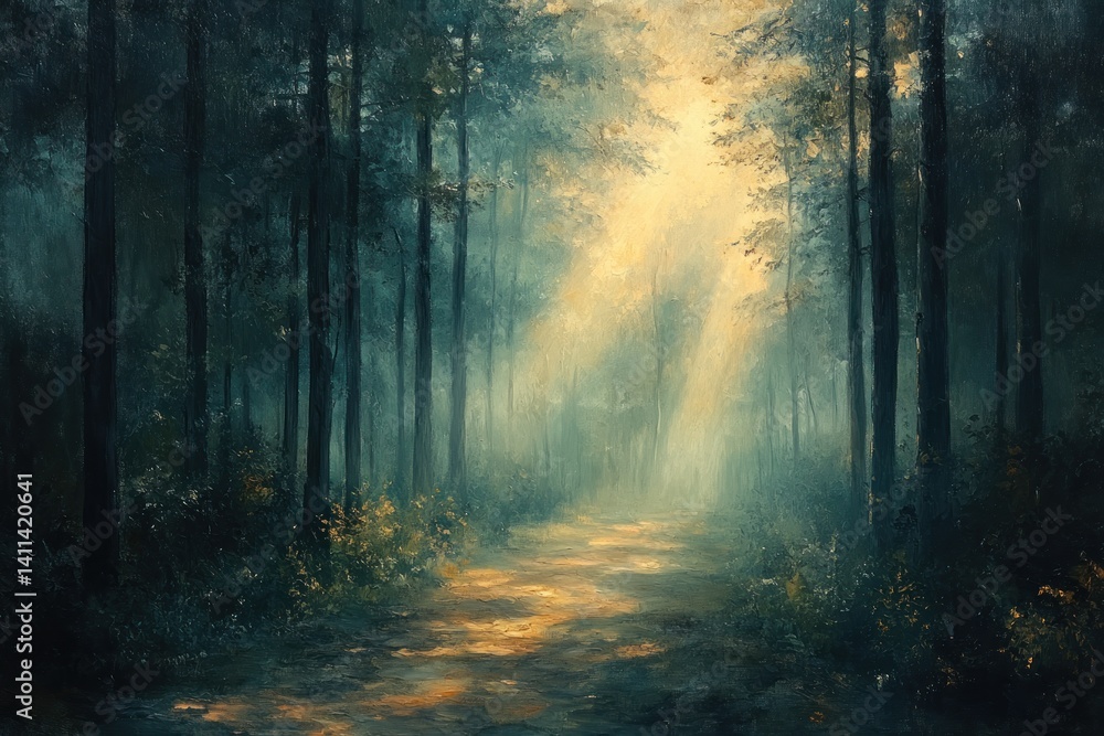 Obraz premium Misty forest path bathed in golden sunlight