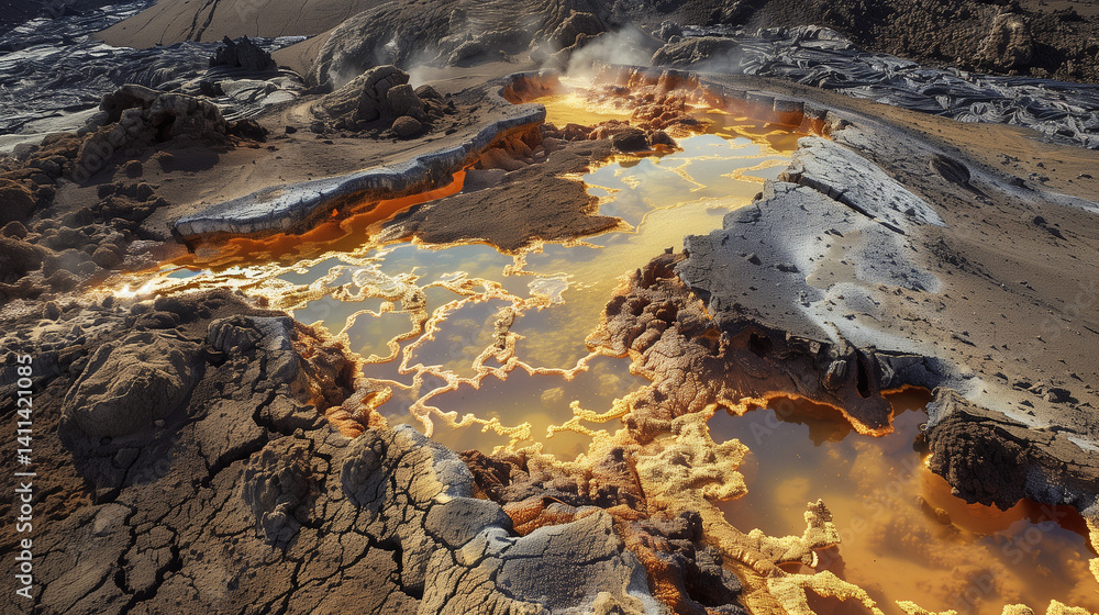 Aerial view of Venus sulfuric acid clouds and glowing volcanic landscape, extraterrestrial microbiology concept Aerial view of Venus sulfuric acid clouds and glowing volcanic landscape, extraterrestrial microbiology concept