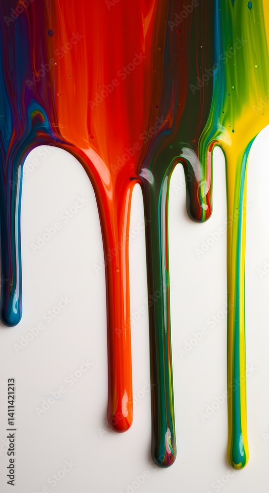 Abstract art, Colorful streaks, Viscous drops, Colorful paint is dripping down a white background, abstract and artistic visual, Vibrant dripping paint, Rainbow colors, White background,