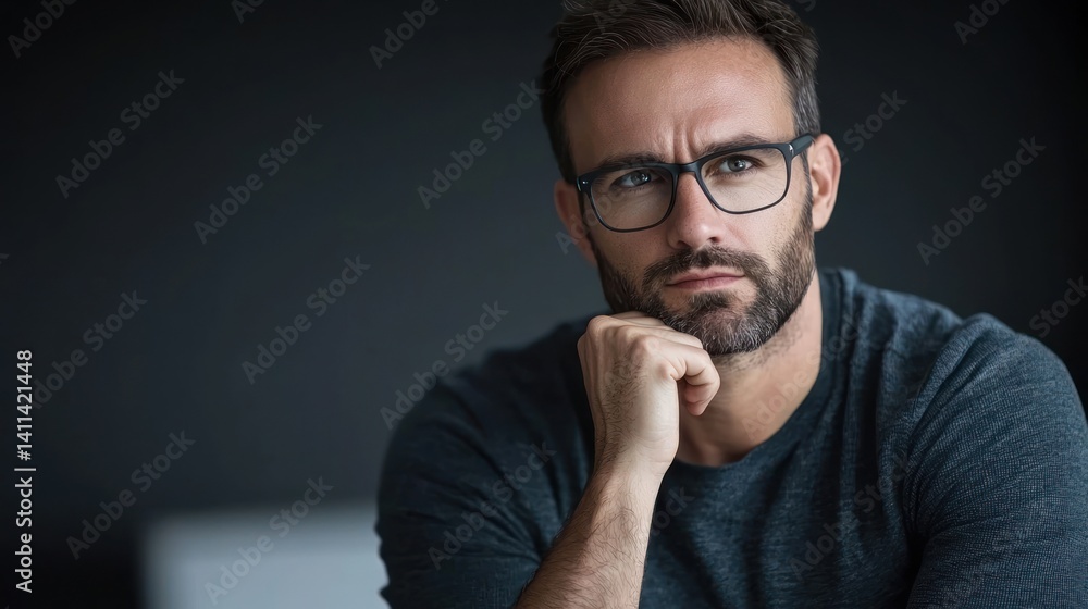 Thoughtful man in glasses, studio portrait, contemplating Thoughtful man in glasses, studio portrait, contemplating