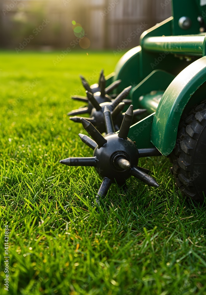 lush green grass, sunlit lawn, Garden roller aerator perforating grass turf for improved drainage and root growth, garden maintenance, soil core samples, landscaping equipment, metallic texture