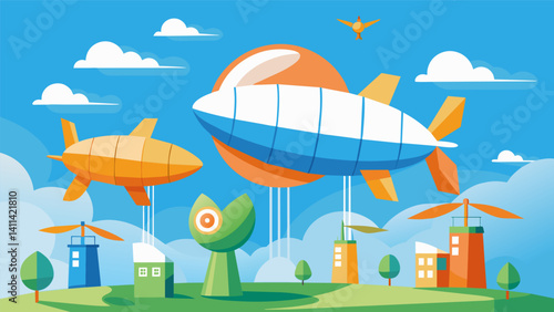 A team of renewable energypowered blimps their distinct shapes and sizes adding to the vibrant and ecofriendly atmosphere.. Vector illustration