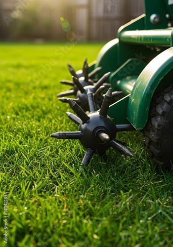 Obraz na płótnie lush green grass, sunlit lawn, Garden roller aerator perforating grass turf for improved drainage and root growth, garden maintenance, soil core samples, landscaping equipment, metallic texture w salonie