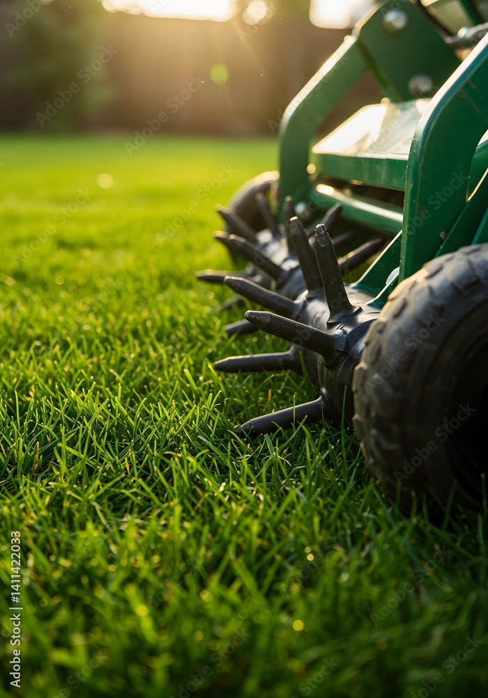 lush green grass, sunlit lawn, Garden roller aerator perforating grass turf for improved drainage and root growth, garden maintenance, soil core samples, landscaping equipment, metallic texture