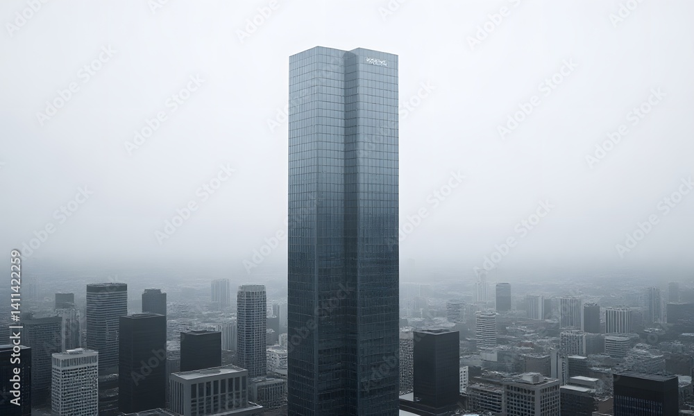 Obraz premium Aerial view of skyscrapers in foggy city.