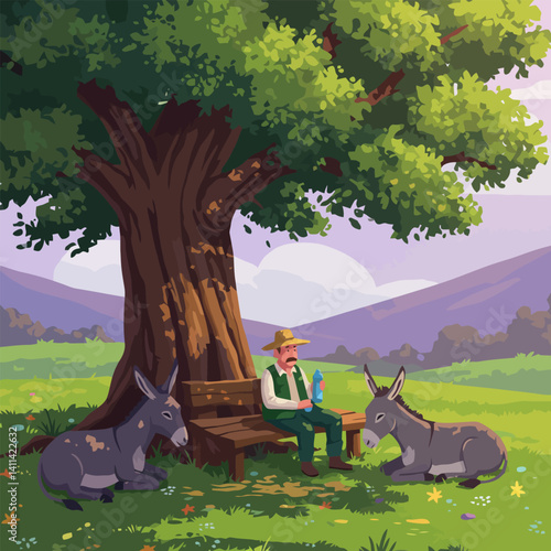 Resting Farmer with Donkeys Under a Large Tree Illustration