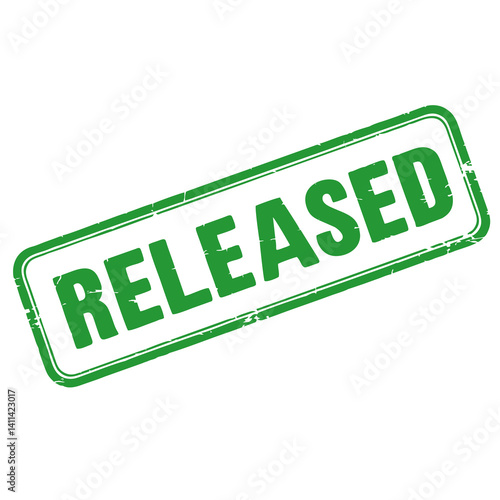 Green grunge 'Released' stamp on isolated white and transparent background, concept for announcement, notification, and official release