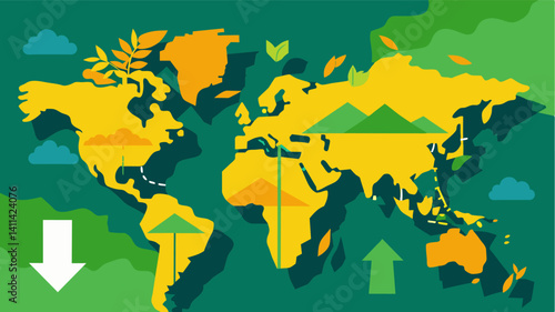 Different shades of green and yellow mark the fertile regions which have been devastated by ongoing conflicts with arrows pointing to adjacent areas where food production has. Vector illustration