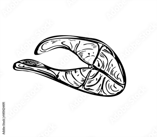 Slice of raw fish steak prepared for BBQ cooking vector illustration in minimalist black and white style. Steamed seafood slice ink style graphic for culinary blogs, premium branding. Top view