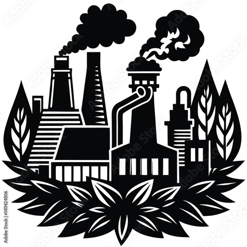 Black and White Factory Illustration: Industrial Plant with Smoke Stacks, Pollution, and Leafy Border - Vector Graphic Image