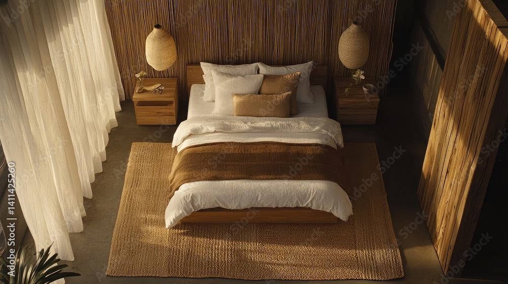 Zen-inspired bedroom with neutral tones, woven rug, and natural wood elements top view