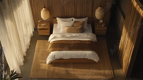 Obraz na płótnie Zen-inspired bedroom with neutral tones, woven rug, and natural wood elements top view w salonie
