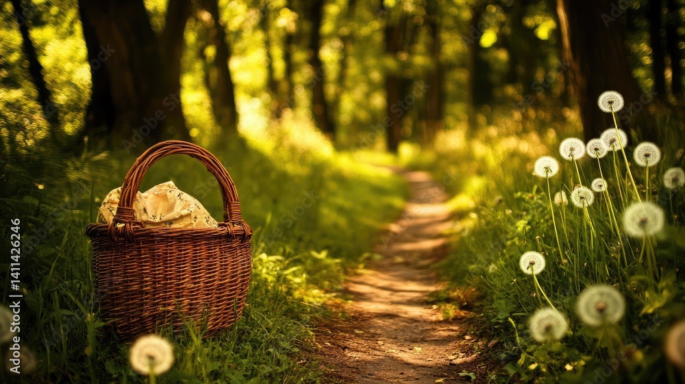 A quiet meadow with a picnic basket beside a path, surrounded by dandelions and grass A quiet meadow with a picnic basket beside a path, surrounded by dandelions and grass