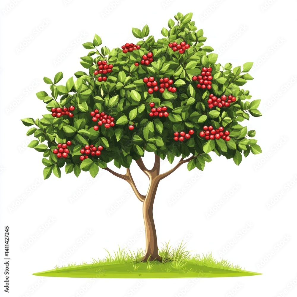 Fototapeta premium cute cartoon mountain ash tree isolated on white background 