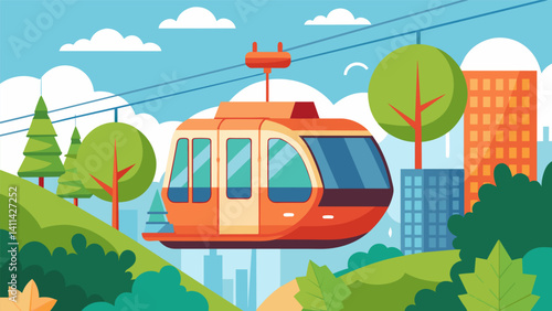 The innovative sky tram whizzes through the air providing a scenic view of the city while connecting various neighborhoods in a sustainable and ecofriendly manner.. Vector illustration