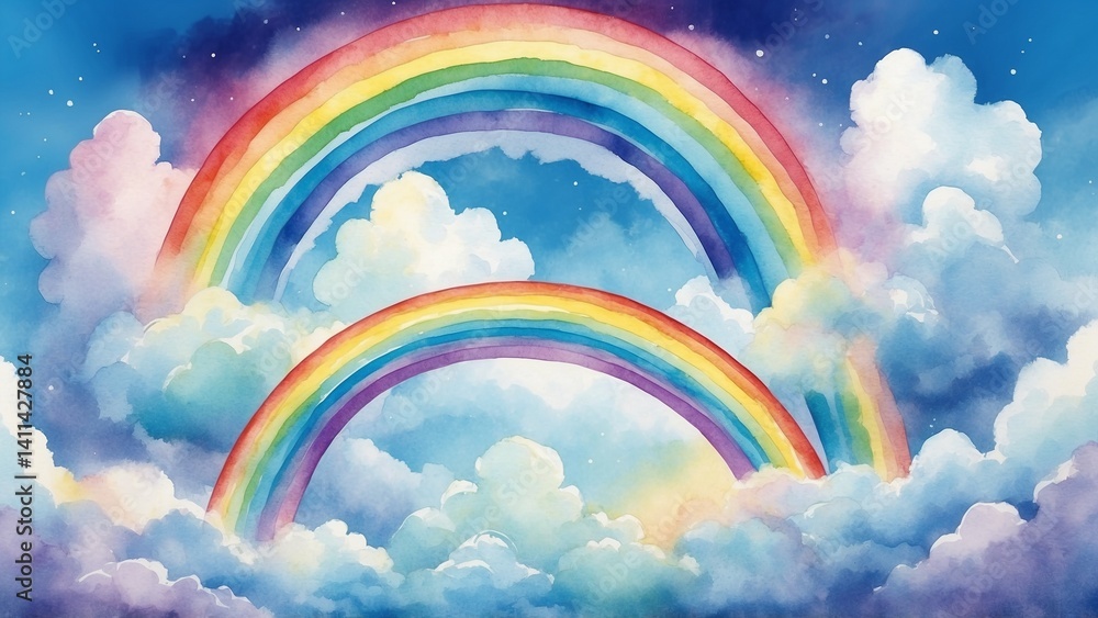 Two colorful rainbows in a blue sky with fluffy clouds, watercolor illustration, joyful atmosphere