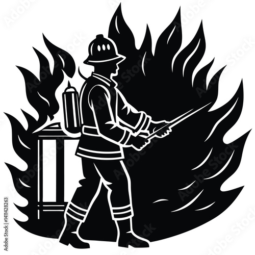 Wallpaper Mural Firefighter Silhouette Vector Illustration: Heroic Fireman Fighting Flames with Hose, Black and White Graphic Design for Fire Safety Torontodigital.ca