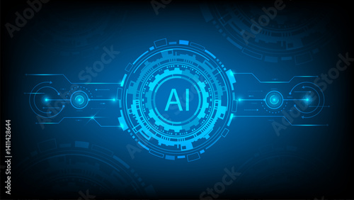 Abstract glowing interface showcasing AI technology with futuristic digital circuits, machine learning systems, and virtual data flows in a sci-fi tech environment