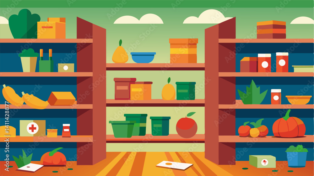 Despite the best efforts of volunteers and donors the shelves remained stark and empty a sad reflection of the continuous battle against food insecurity.. Vector illustration Despite the best efforts of volunteers and donors the shelves remained stark and empty a sad reflection of the continuous battle against food insecurity.. Vector illustration