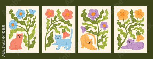 Trendy poster set with plants, flowers, dahlias, pansies, forget-me-nots, bellflowers and kittens. Stylish modern vector hand drawn illustrations with cute gentle cats, kitties collection.
