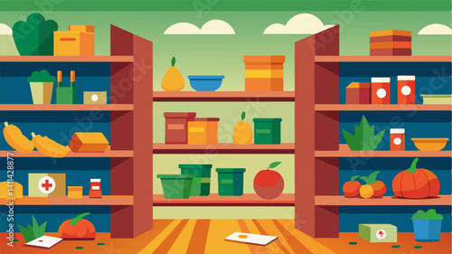 Despite the best efforts of volunteers and donors the shelves remained stark and empty a sad reflection of the continuous battle against food insecurity.. Vector illustration