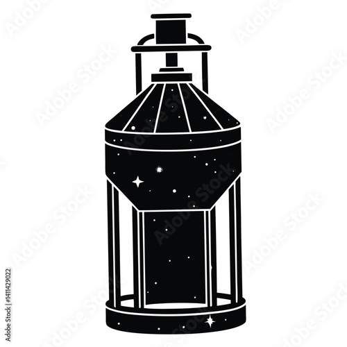Black and White Celestial Lantern Illustration: Detailed Vector Image of a Vintage-Style Starry Night Lantern for Graphic Design Projects