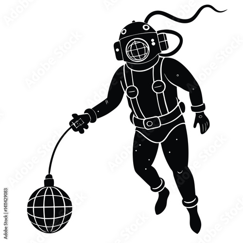 Vintage Deep Sea Diver Illustration: Black and White Graphic of Old-Fashioned Diving Suit with Globe, Retro Style Art Print