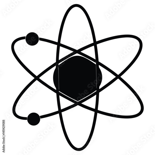 Black and White Atom Symbol Illustration: Science, Physics, Chemistry Icon Graphic, Atomic Structure Clipart, Educational Image