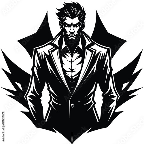 Stylish Gangster Vector Art: Cool Man in Suit with Spiky Background - Black and White Illustration for Graphic Design Projects