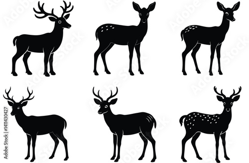 A cute black vector illustration features a silhouette set of wild deer and antlered reindeer, a mammal from nature
