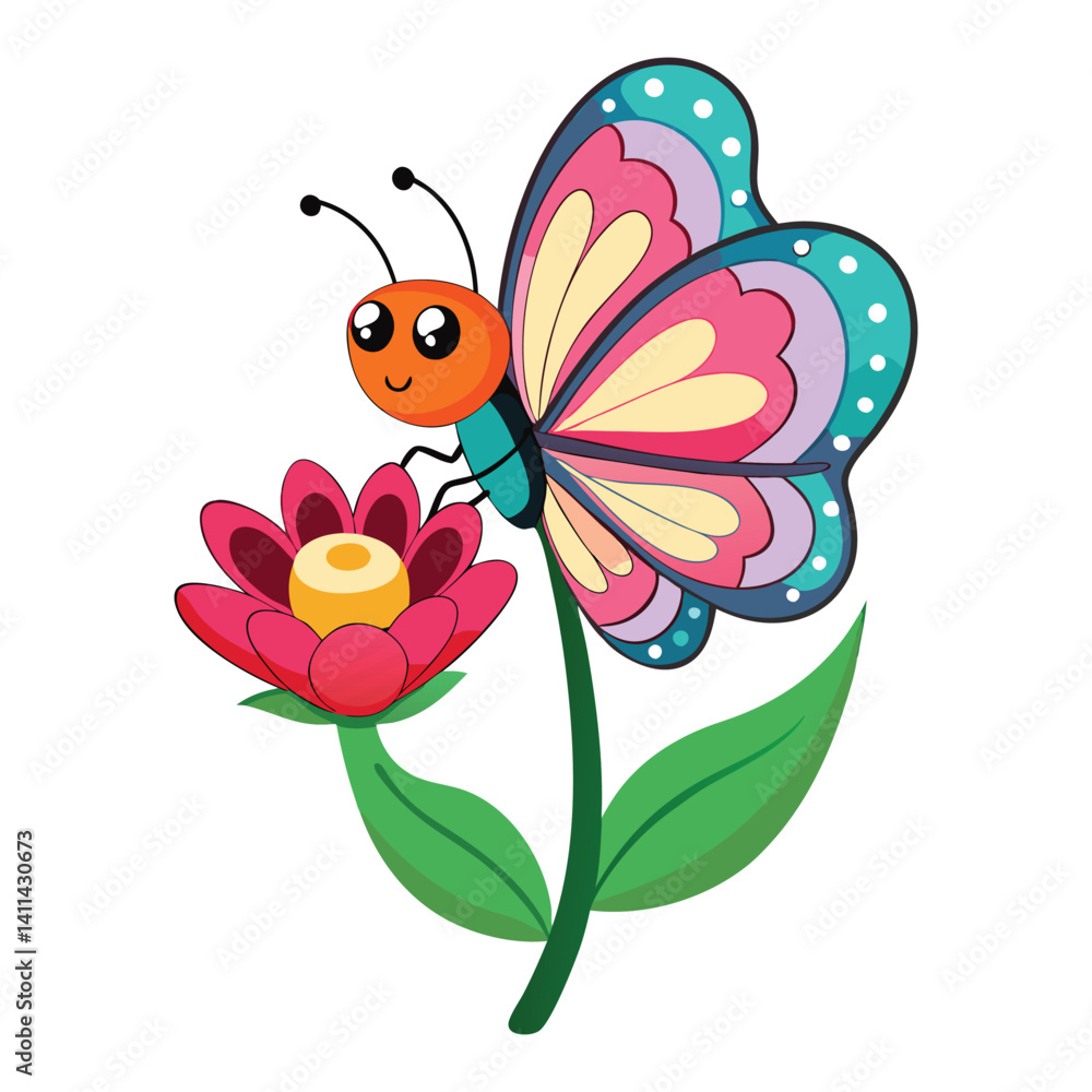Floral vector art of a pink butterfly on spring blossom Floral vector art of a pink butterfly on spring blossom