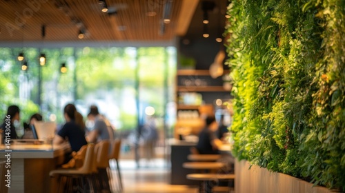 Modern Cafe Interior with Green Wall and Blurred Customers