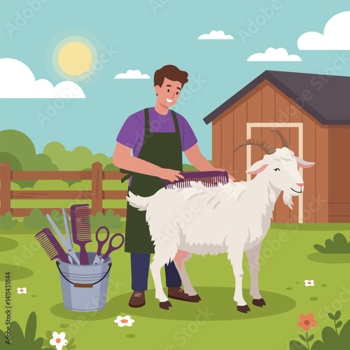 Person Grooming Goat with Comb on Farm