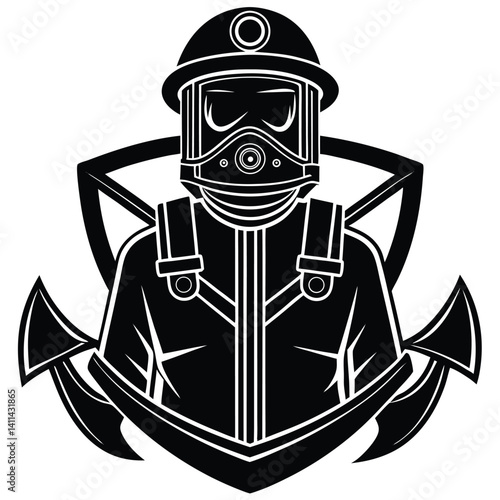 Black and White Firefighter with Gas Mask and Anchor Emblem Vector Illustration