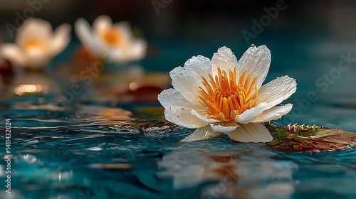 Delicate white water lily on dark water