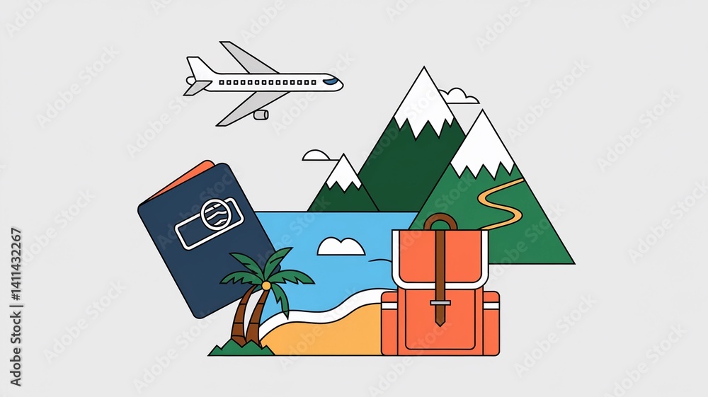 Fototapeta premium Travel and Vacation Icon Set – Flat Line Style Tourism Icons Including Luggage, Passport, Airplane, Hotel, Beach, and Camera