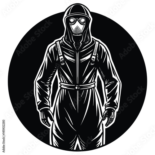 Black and White Vector Illustration: Hazmat Suit Figure in a Circle, Sci-Fi Style