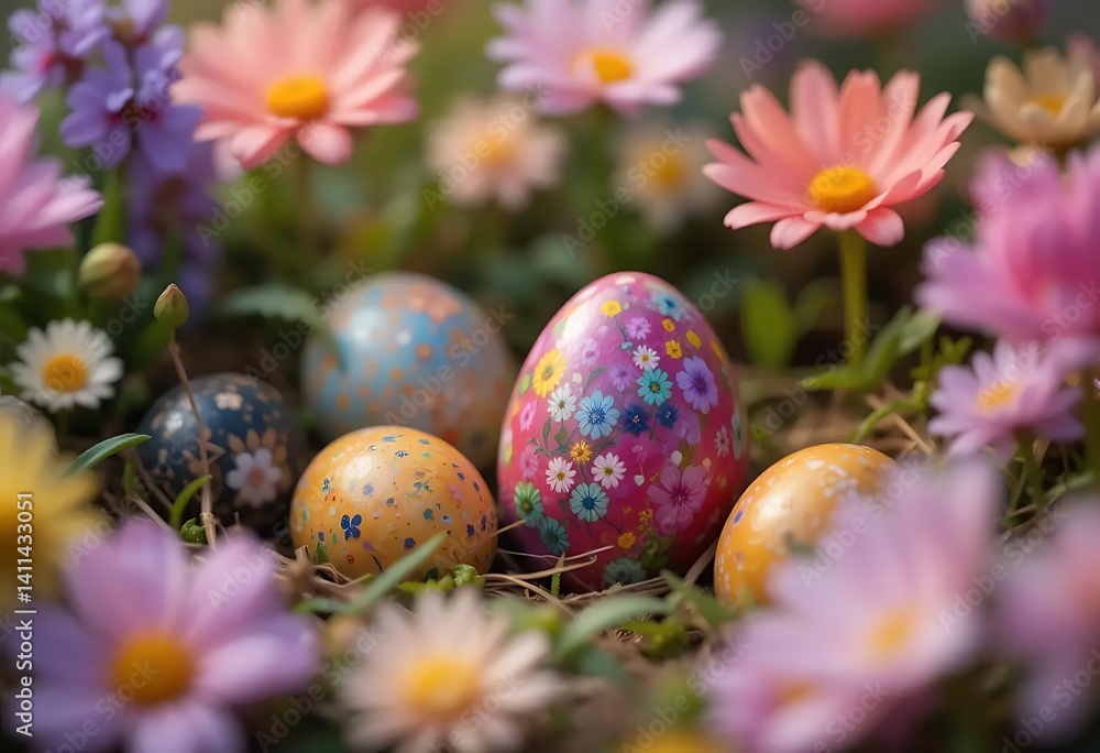 Floral Easter Eggs Nestled in Spring Blossoms: A Delicate Pastel Scene Floral Easter Eggs Nestled in Spring Blossoms: A Delicate Pastel Scene